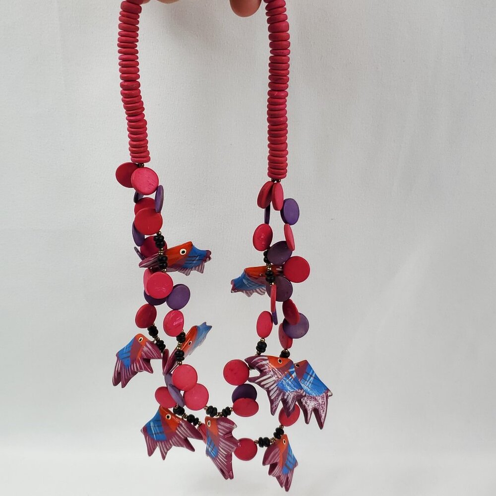 Vintage Wooden Fish Beaded Pink/Blues Double Layer Bottom Necklace
